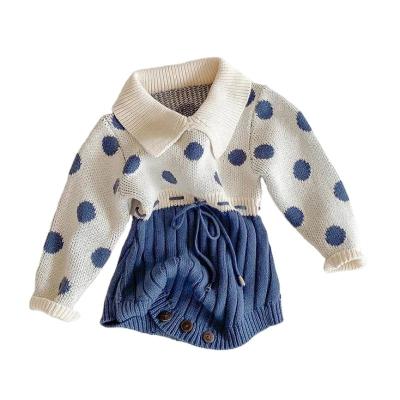 China Baby 0-3Y Chunky Autumn Clothing Knitted Pullover Collar Lace Up Romper Jumpsuit Comfortable Dot Print Long Sleeve Splice Overalls for sale