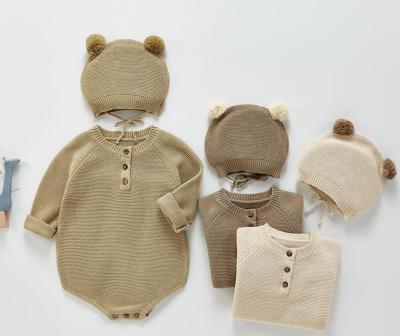 China Kawaii Full Long Sleeve Round Neck Bear Knit Romper Bear Ears Beanie Hat Bodysuit Set Knit Overalls + Patch Hat for sale