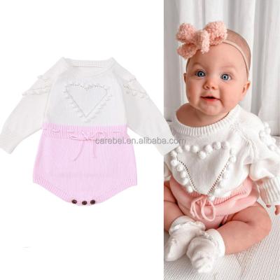 China Cute Long Sleeve Girl Waist Heart Shape Lace Up Knitted Sunsuit Baby Valentine's Day Bubble Long Sleeve Rompers Knitted Cotton Sweater for sale