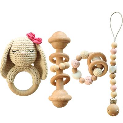 China Soft Gym Baby Gift Crochet Bunny Rattle Dummy Pacifier Chain Clip Teether Mobile Rattle Wooden Teether Toy for sale