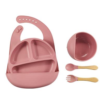 China BPA Free Customized Logo 5pcs Non Slip Suction Dish/Spoon/Fork/Bowl/Bib Set Toddler Silicone Cutlery Set Baby Meal Set dishes for sale