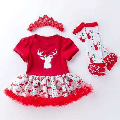 China Cozy Christmas Day 3PCS Outfits Cotton Jumpsuit Dress Costume Set For Toddler Kids Cotton Elk Romper Baby Christmas Romper for sale