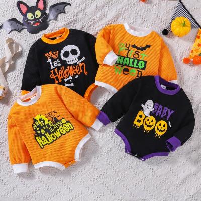 China Newest Baby Boy Girl Breathble Long Sleeve Cotton Baby Romper Cozy Infant Halloween 1st Romper With Cartoon Ghost Letter Print for sale