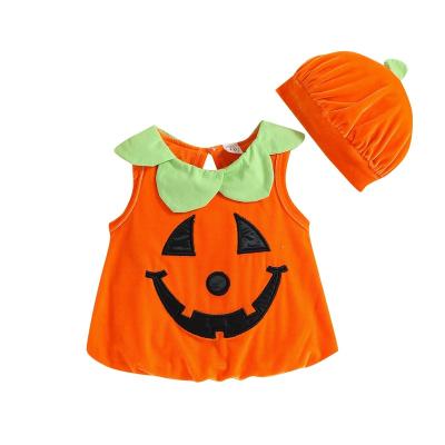 China Autumn Halloween New Born Baby Rompers Pumpkin Cutie Sleeveless Pie 2pcs Costume Pumpkin Sleeveless Tops Vest+Hat Set Clothes for sale