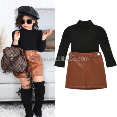 China Girls Clothing Voguish Pieces Washable 2 Set Turtle Neck Sweater Toddler Baby PU Wrap Leather Skirt Teams Autumn Winter Clothing Set for sale