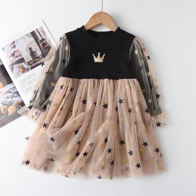 China Anti-wrinkle Spring Sleeve Pattern Child Star Child Girl Autumn Clothes Black Embroidery Crown Long Girls Party Sweater Dresses Knit Lace Dress for sale