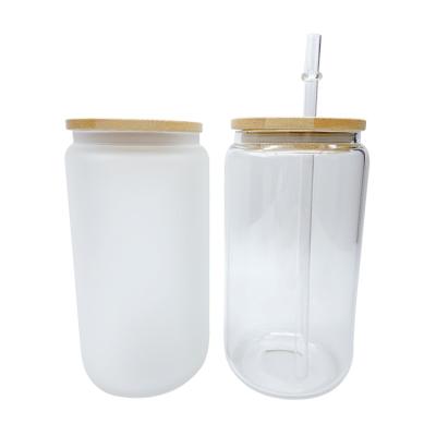 China Modern hot sale 12oz 16oz jar cola glass beer can shaped sublimation glass mug with bamboo lid and straw for sale