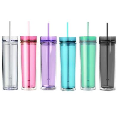 China 16Oz Sustainable Plastic Water Bottle With Straw For Drinks Plastic Tumbler Clear Acrylic Straight Double Wall Tumbler for sale