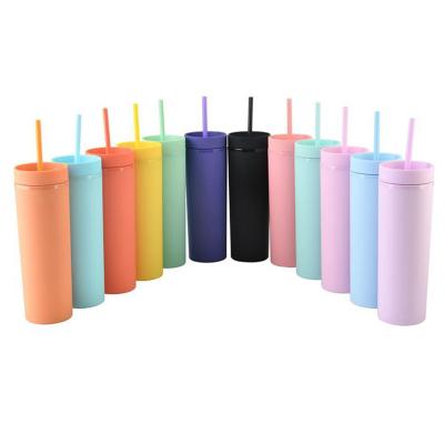 China Wholesale Viable BPA Free Matte Straight 16oz Acrylic Skinny Double Wall Plastic Skinny Tumbler With Straw for sale