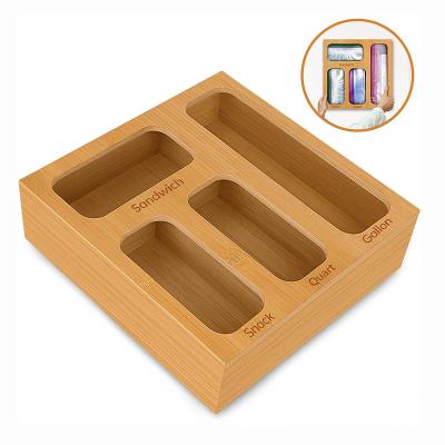 China Viable New Design Bag Storage Organizer Wood Kitchen Ziplock Baggie Bamboo Ziplock Dispenser for sale