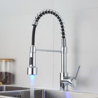 China Chrome Brass 2 Way Modern Water Outlet Single Lever Pull Down Spray With LED Light Kitchen Sink Faucet for sale