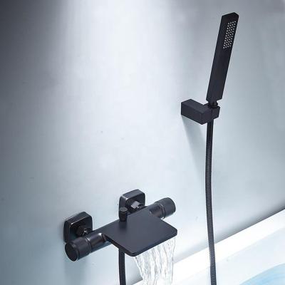 China Without Slide Bar Modern Black Brass Waterfall Bathtub Faucet Set Double Handles Bathroom Wall Hanging Bath Shower Faucets for sale