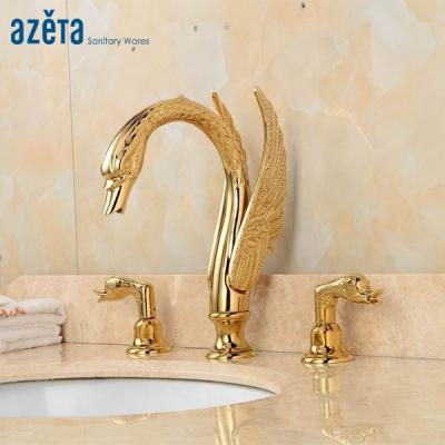 China Contemporary Artistic Double Handles Luxury Golden Birds Gooseneck Brass 3 Hole Bathroom Sink Faucet for sale