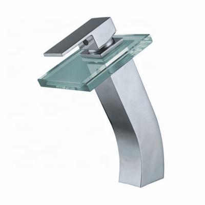 China Azeta Modern Copper Single Handle Square Chrome Brass Bathroom Fittings Glass Basin Sink Waterfall Spout Glass Faucet for sale