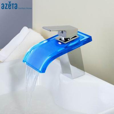 China Electric Faucets Attractive Design Glass Colored Led Waterfall Bathroom Sink Faucet for sale