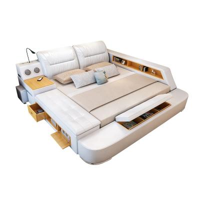 China Modern Storage Bed With Storage Massage Functions Multifunctional Bed Sets Genuine Leather Bed With Safe And Speaker for sale