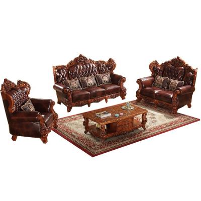 China Good quality American antique style genuine leather solid wood sofa sets factory excellent french royal wedding wholesale used sofa for sale