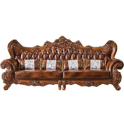 China Antique Carved Genuine Leather Solid Wood Carved Sofa Set For Living Room Furniture 3 Seater Royal Red Wood For Five Star Luxury Hotel for sale