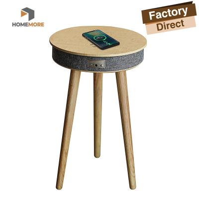 China Adjustable Warm OAK Wood Living Room Touring Portable USB Interface (Height) Charging Wireless Speaker Smart Side Table for sale