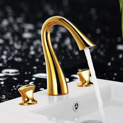 China Double Sink Thermostatic Modern Gold Water Mixer Tap Bathroom Faucets Handle Basin Mixer Tap Brass for sale