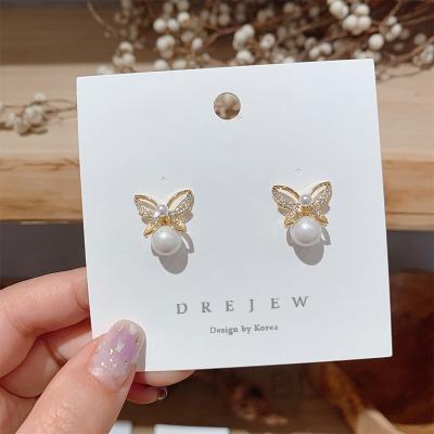 China TRENDY Jewelry 925 Silver Needle Inlaid With Diamond Butterfly Pearl Earrings for sale