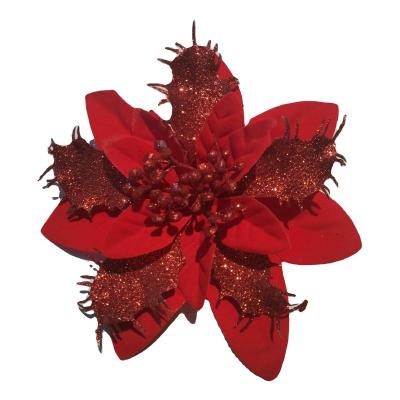 China Christmas Tree Flowers Poinsettia 30cm Artificial Christmas Decoration 6pcs/bag Large Rose Red Flower Glitter Poinsettia Flower Picks for sale