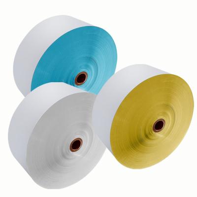 China Waterproof Top Coated Glossy White PE Polyethylene Synthetic Paper Stickers Label Jumbo Roll for sale