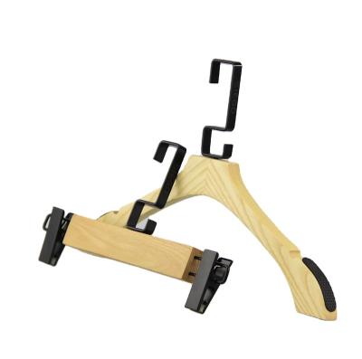 China Custom luxury wood hanger for boutique clothing HA7294 natural wood hanger with metal clips shoulder with new design notched hanger for sale