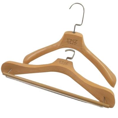 China New Cloth DISPLAY Hanger Wood Grain Print Suit Hanger Solid Plastic Coat Hanger With Logo for sale