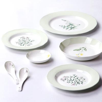 China Ceramic Viable Wholesalers And Porcelain Dishes Green Plant Pattern Bone China Dinner Dish Set Fish Fruit Soup Dish Dish for sale