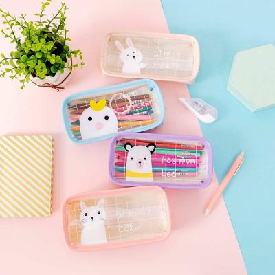 China Zipper Closure Cartoon Animal Pen Bag With Large Capacity Student Stationery Storage Box Transparent Waterproof PVC Pen Bag for sale