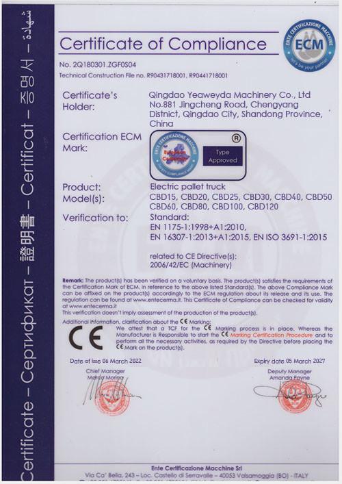 Certificate of compliance - Qingdao Yeaweyda Machinery Co., Ltd