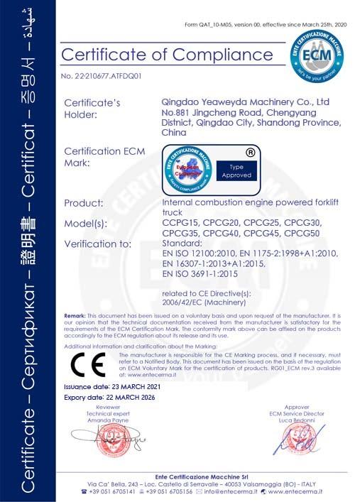 Certificate of compliance - Qingdao Yeaweyda Machinery Co., Ltd