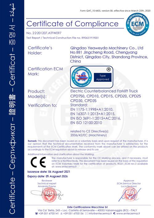 Certificate of compliance - Qingdao Yeaweyda Machinery Co., Ltd