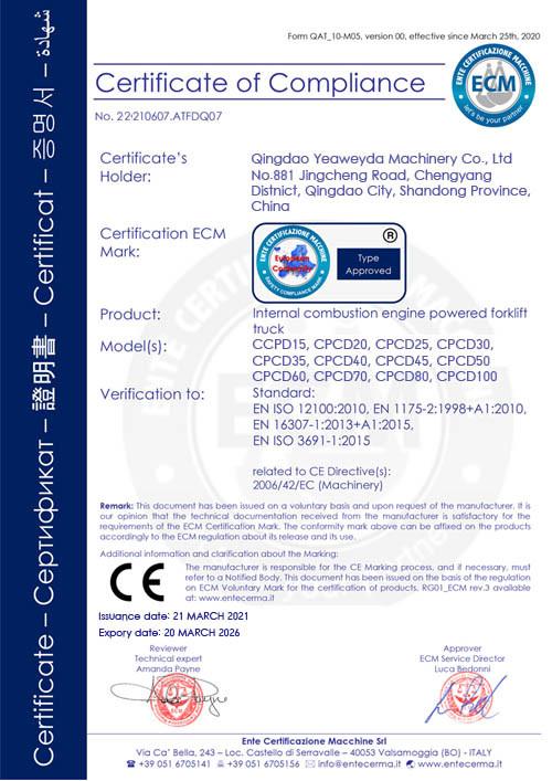 Certificate of compliance - Qingdao Yeaweyda Machinery Co., Ltd