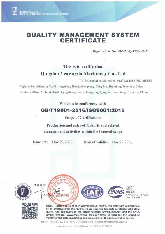 QUALITY MANAGEMENT SYSTEMCERTIFICATE - Qingdao Yeaweyda Machinery Co., Ltd