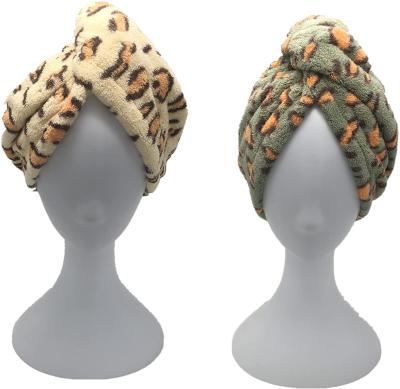 China Sustainable Leopard Print Hair Towel For Women Double Cloth Microfiber Hair Towel Super Absorbent Quick Dry Hair Turban Towel Wrap en venta