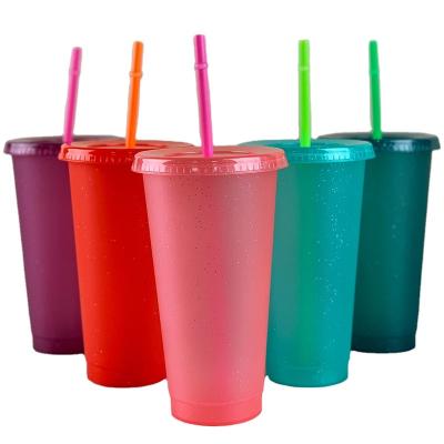 China New Arrival Single Wall Custom Logo 500/700ML Glitter Plastic Drinking Straw Coffee Cups With Lids for sale