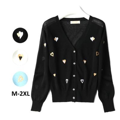 China QUICK DRY Black White Long Sleeve Patchwork Slim Women's V-Neck Sweaters Heart Cardigan Custom Embroidery for sale