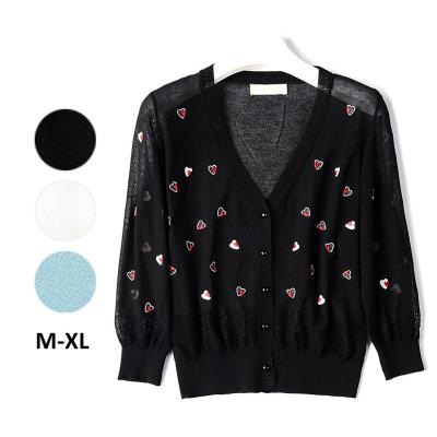 China QUICK DRY See Chunky Loved Heart Embellished Black Knit Custom V-Neck Embroidery Cardigan Sweater for sale