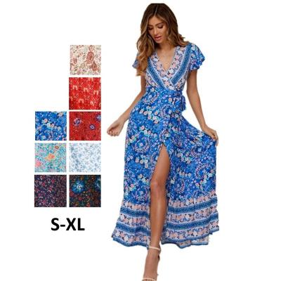 China Latest Design Anti-Wrinkle Women Summer New Style Casual Bohemian Polyester Long Maxi Dress Floral Print for sale