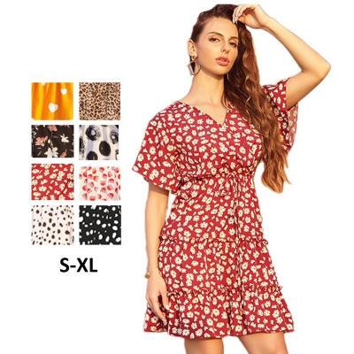 China Women Mini Daisy Print Floral Anti-Wrinkle Ruffle V-Neckline Sleeve Dress New Chiffon Summer Short Casual Dresses for sale