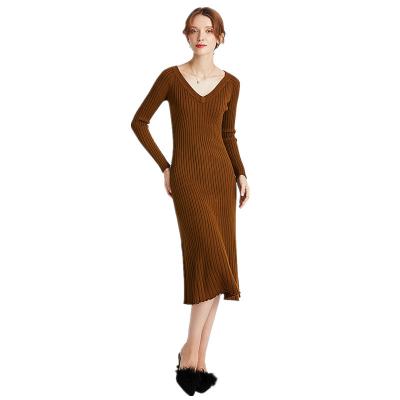 China Long Sleeve V Neck Women Pullover Sweater Ribbed Sexy Knitted Dress for sale