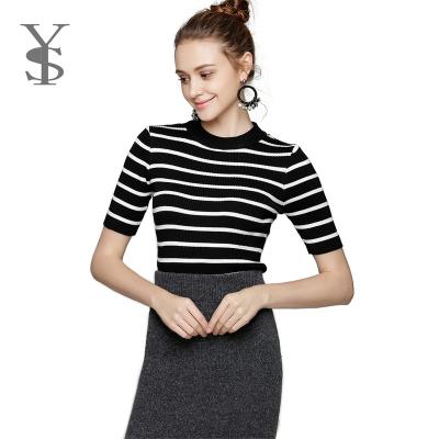 China Anti-wrinkle OEM ODM Summer O Neck Custom Casual Hollow Striped T-Shirt Short Sleeve Women Knitted Top Sweater for sale