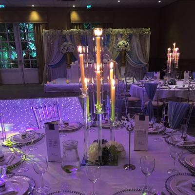 China Event Party Supplies Popular Crystal Candelabra Wedding Tabletop Decorations 7AM Mirror Base Clear Glass Tubes Candle Holders Stand for sale