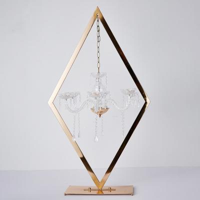 China Event Party Supplies New Hanging Crystal Pendant Decorated Wedding Props Metal Diamond Frame Candlestick Wedding Main Table Window Props for sale