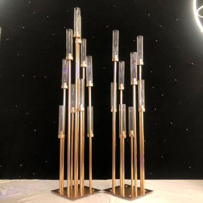 China Event Party Supplies Wholesale 8 10am Glass Tube Candle Holder Wedding Decoration Gold Metal Candelabra Centerpiece for sale