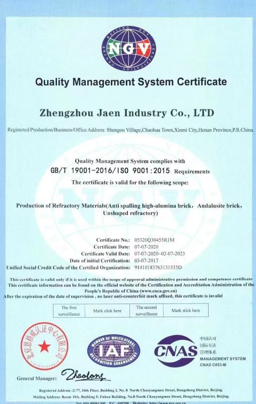 ISO9001:2015 - Zhengzhou Jaen Refractories Co., Ltd