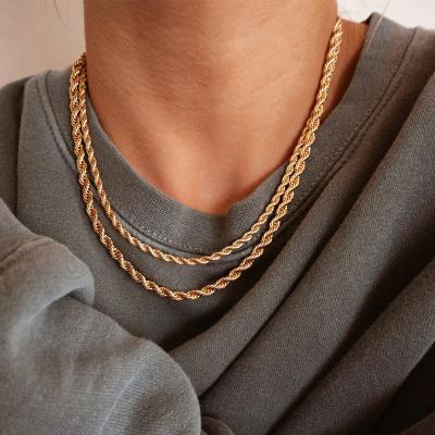 China 3MM 4MM Fashion Hip Hop Jewelry Stainless Steel Environmental Friendly 14K PVD Gold Plated Twisted Rope Chain Necklace For Women Men for sale