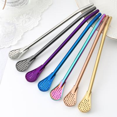 China New Design 304 Stainless Steel Straw Spoon With Filter For Bar Coffee Tea Disposable Filter Spoon for sale